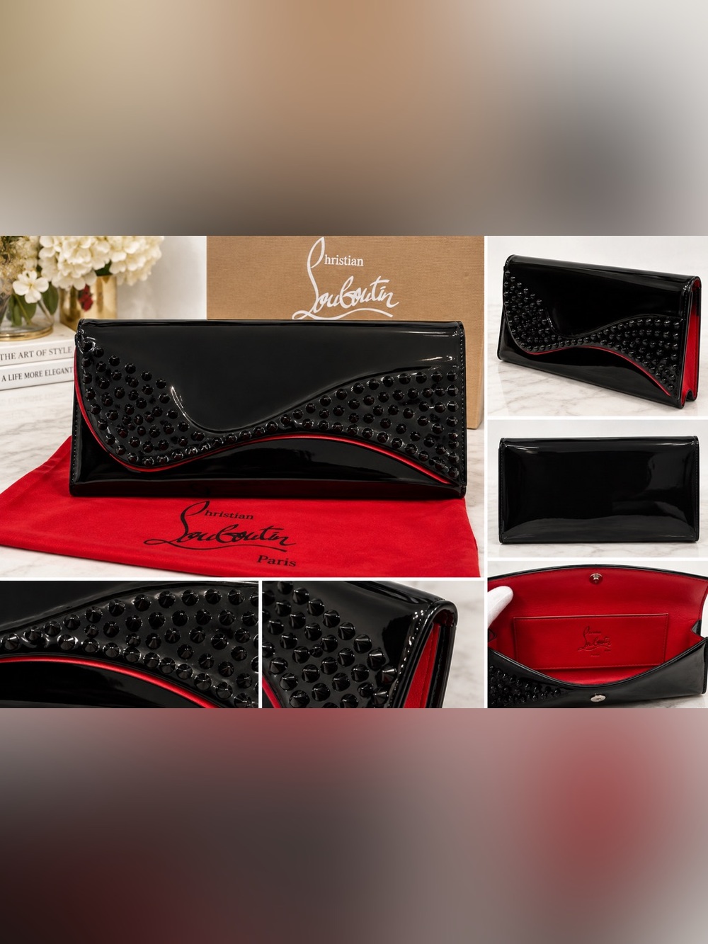 Christian Louboutin Black Patent Leather Studded Envelope Clutch